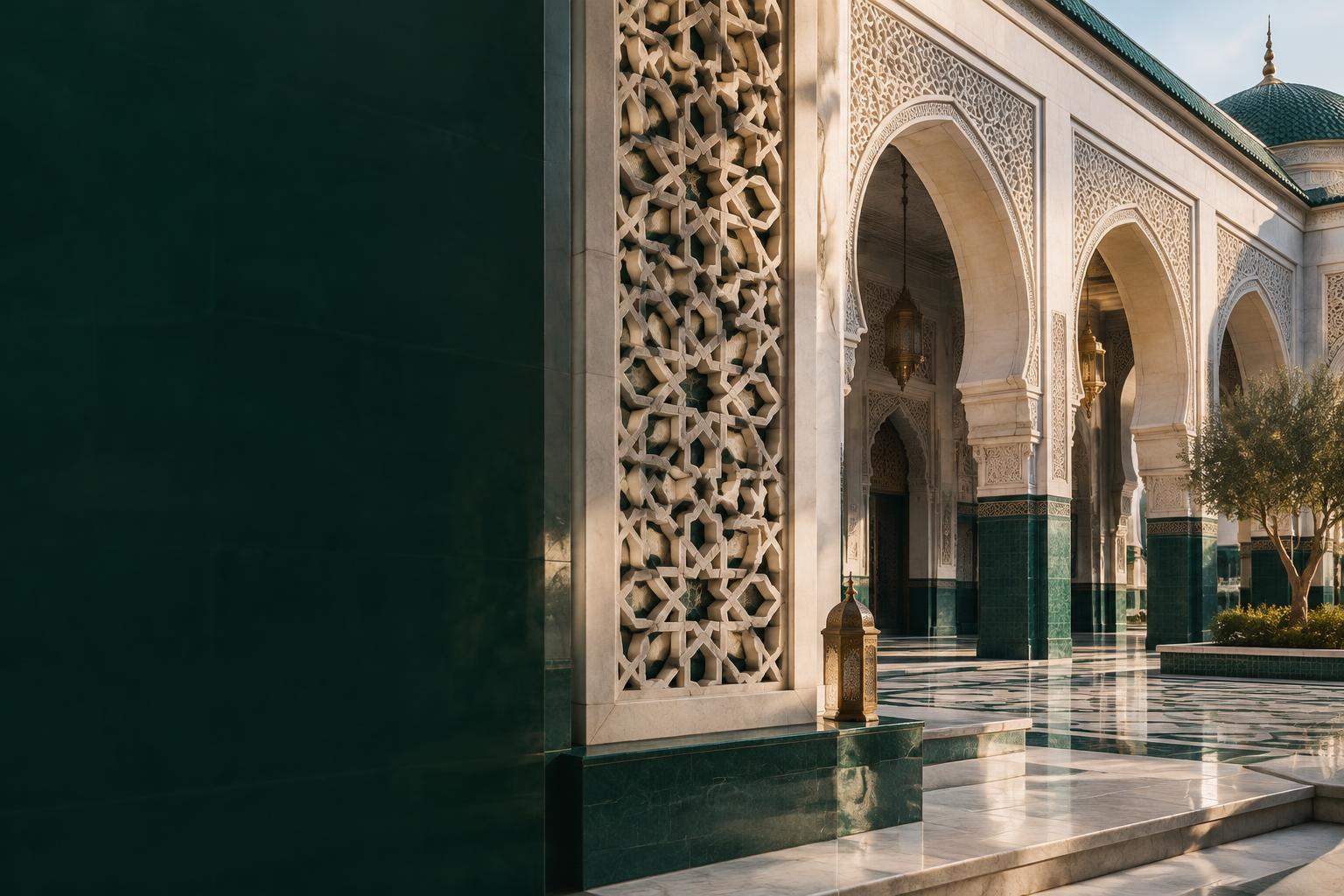 Geometric stonework and arches in a mosque courtyard